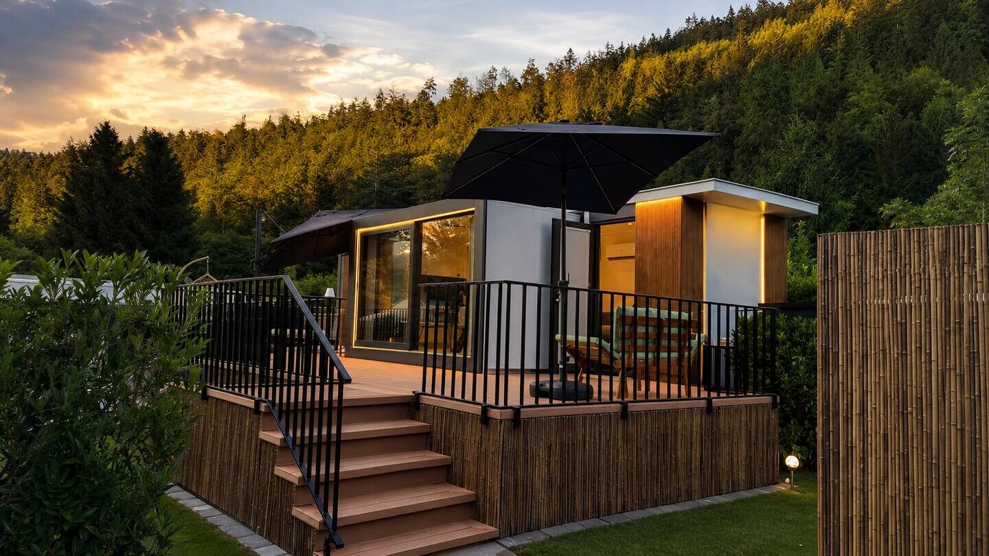 Tiny House Oasis - exterior view in the evening light
