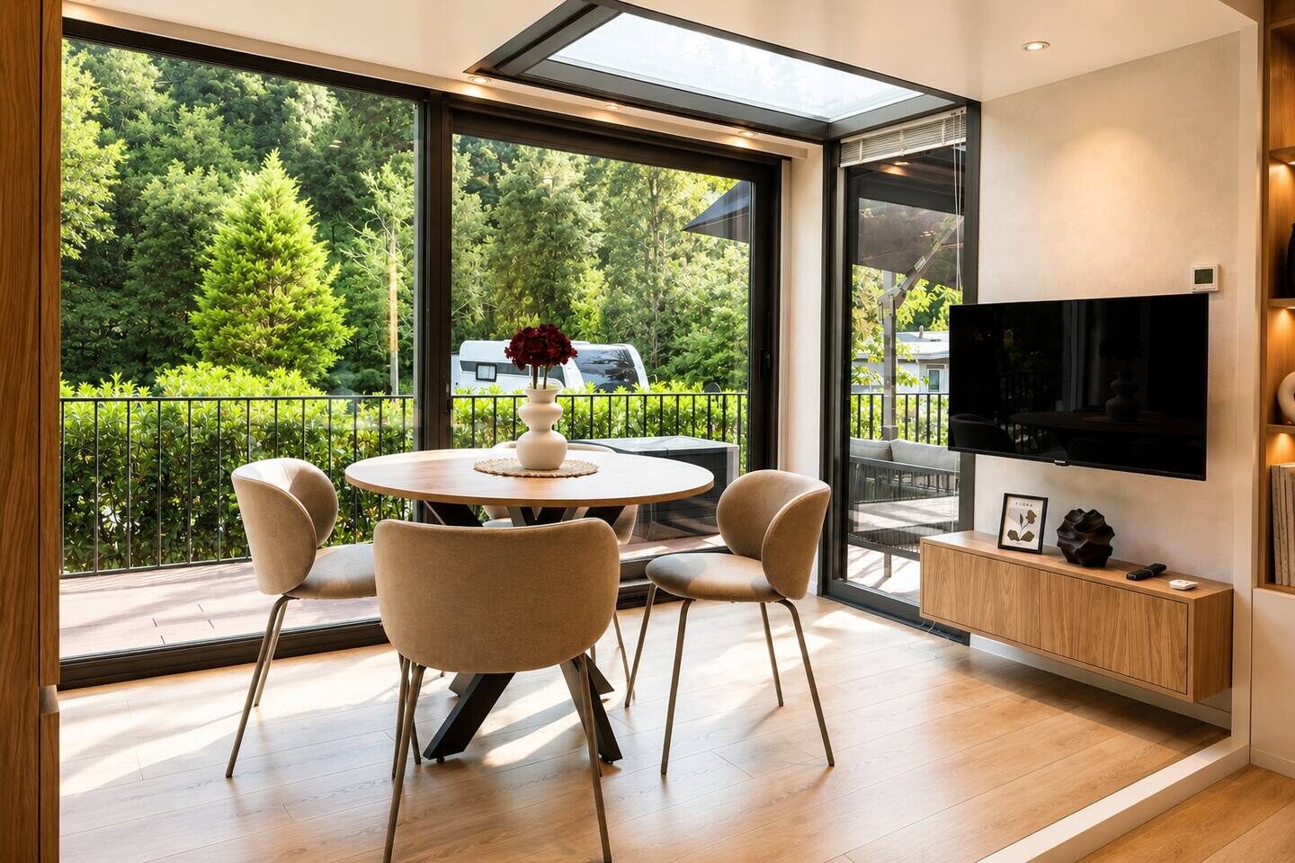 Dining area with panoramic windows to the garden