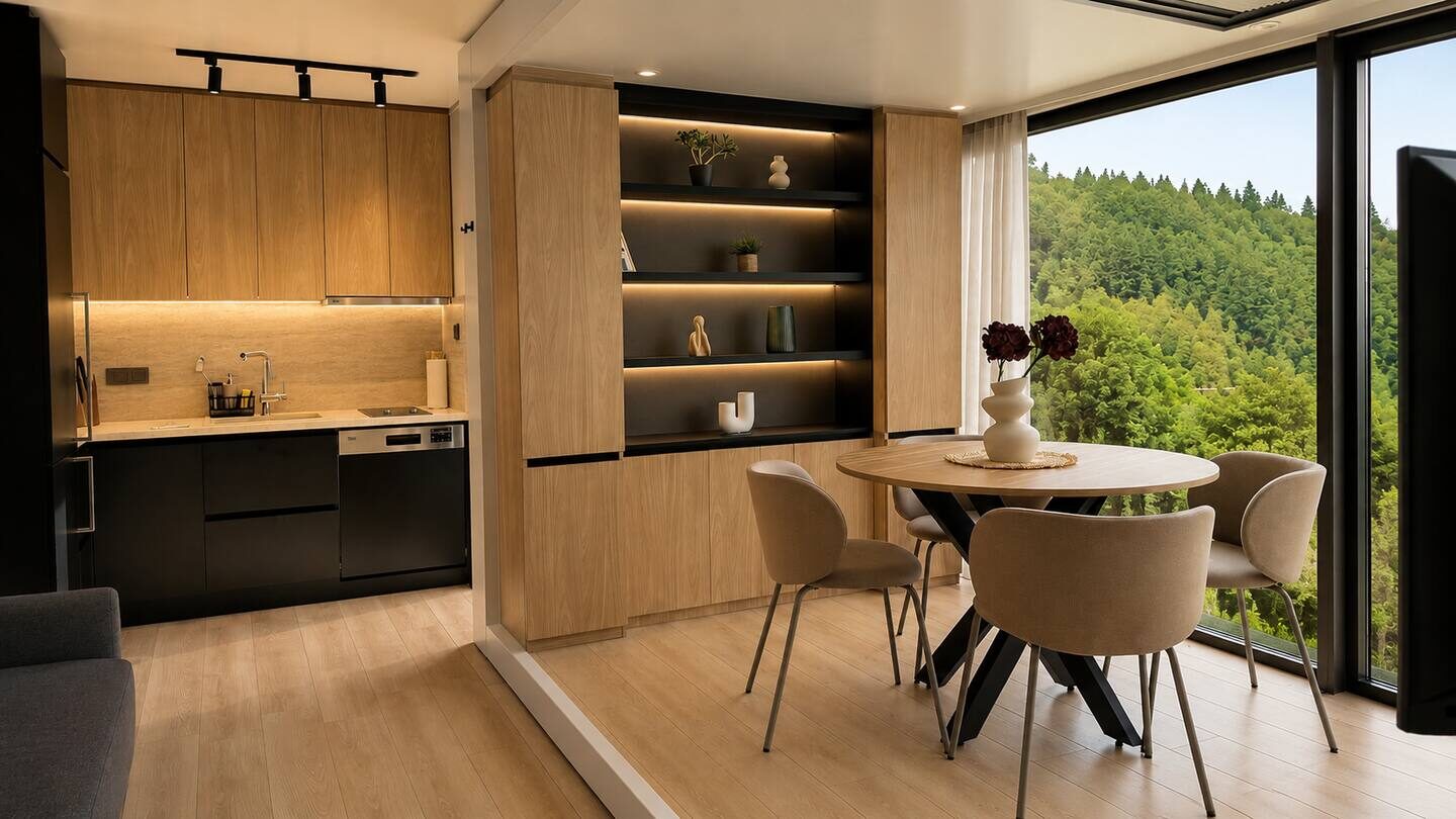 Kitchen and dining area with forest view