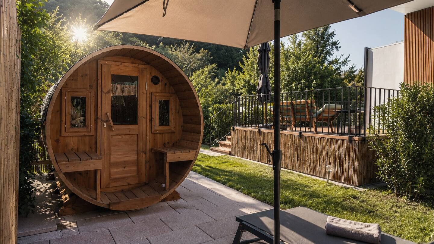 Barrel sauna on the terrace