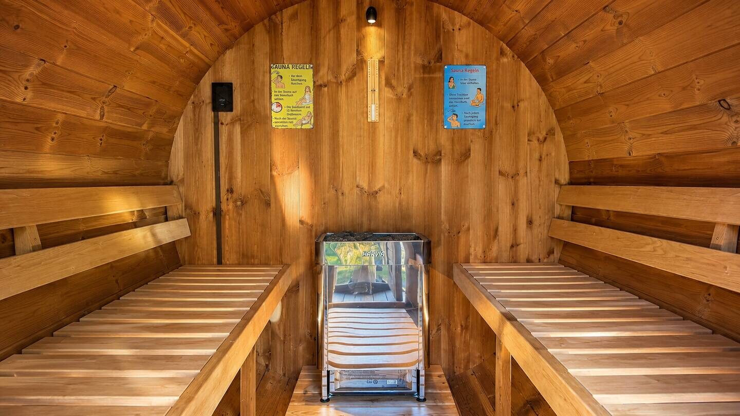 Inside the barrel sauna