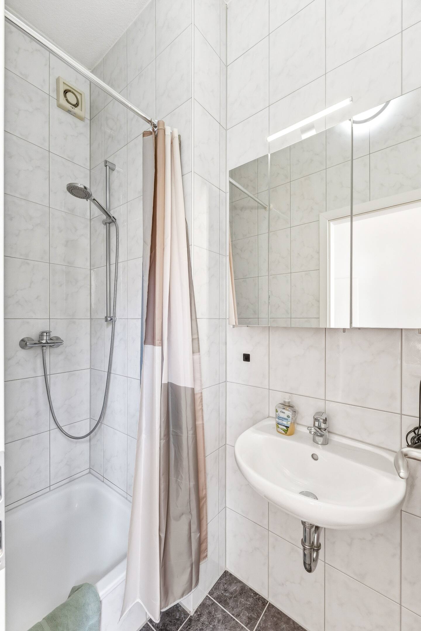 Badezimmer mit Dusche und Spiegelschrank