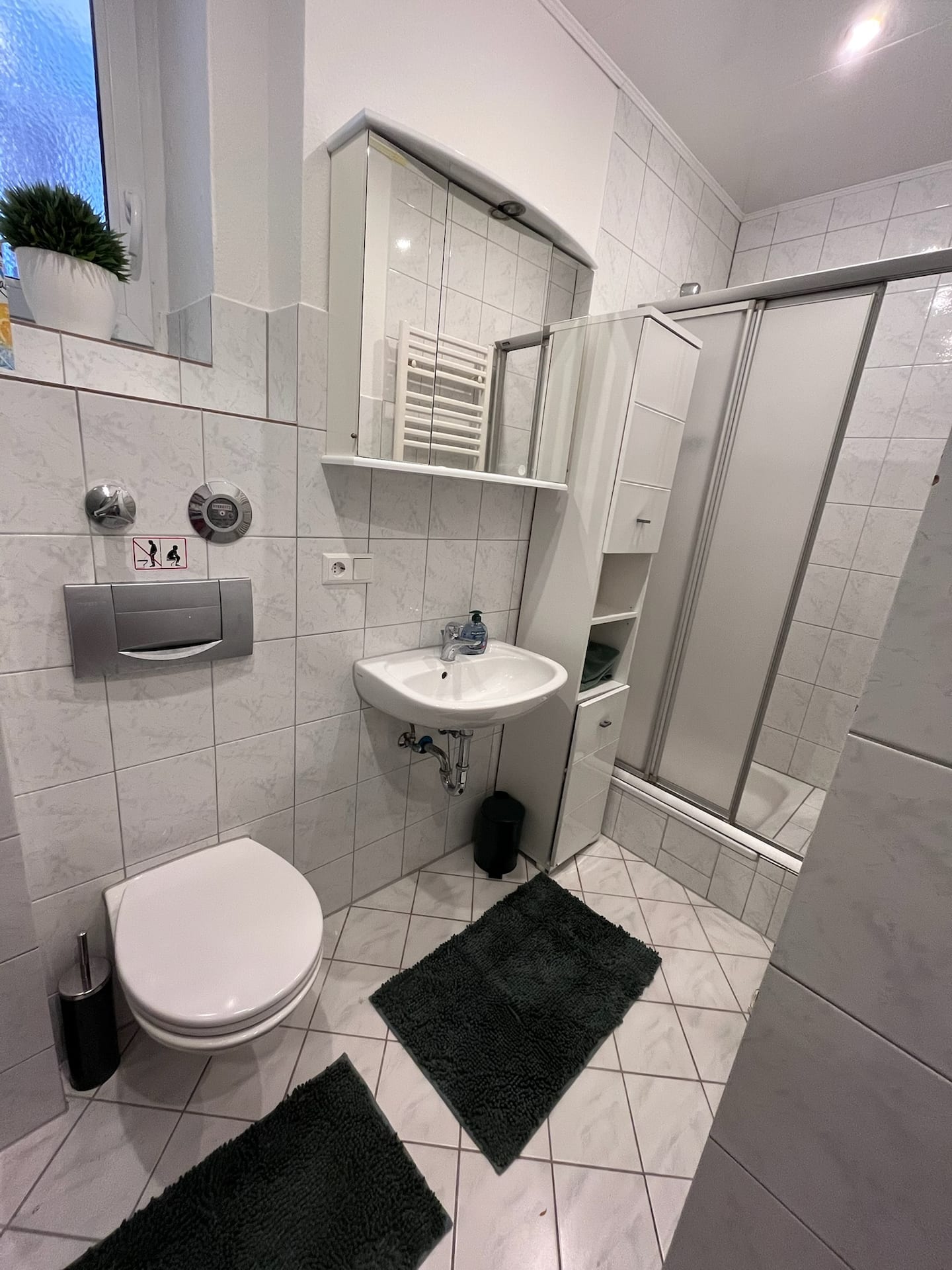 Modernes Bad mit ebenerdiger Dusche, WC und Waschbecken